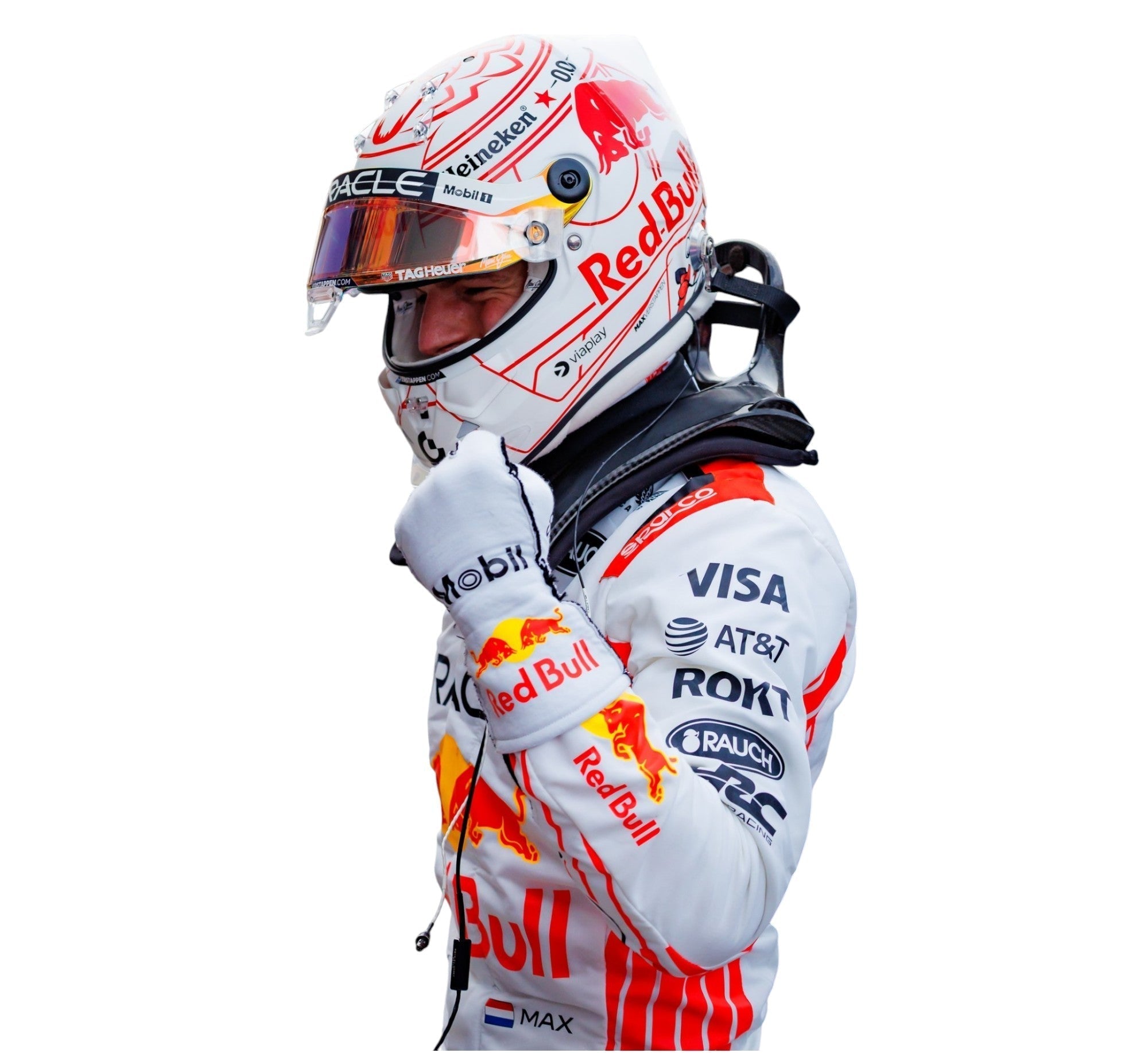 Endless Racegear white and red race suit with Red Bull livery helmet and HANS device on driver