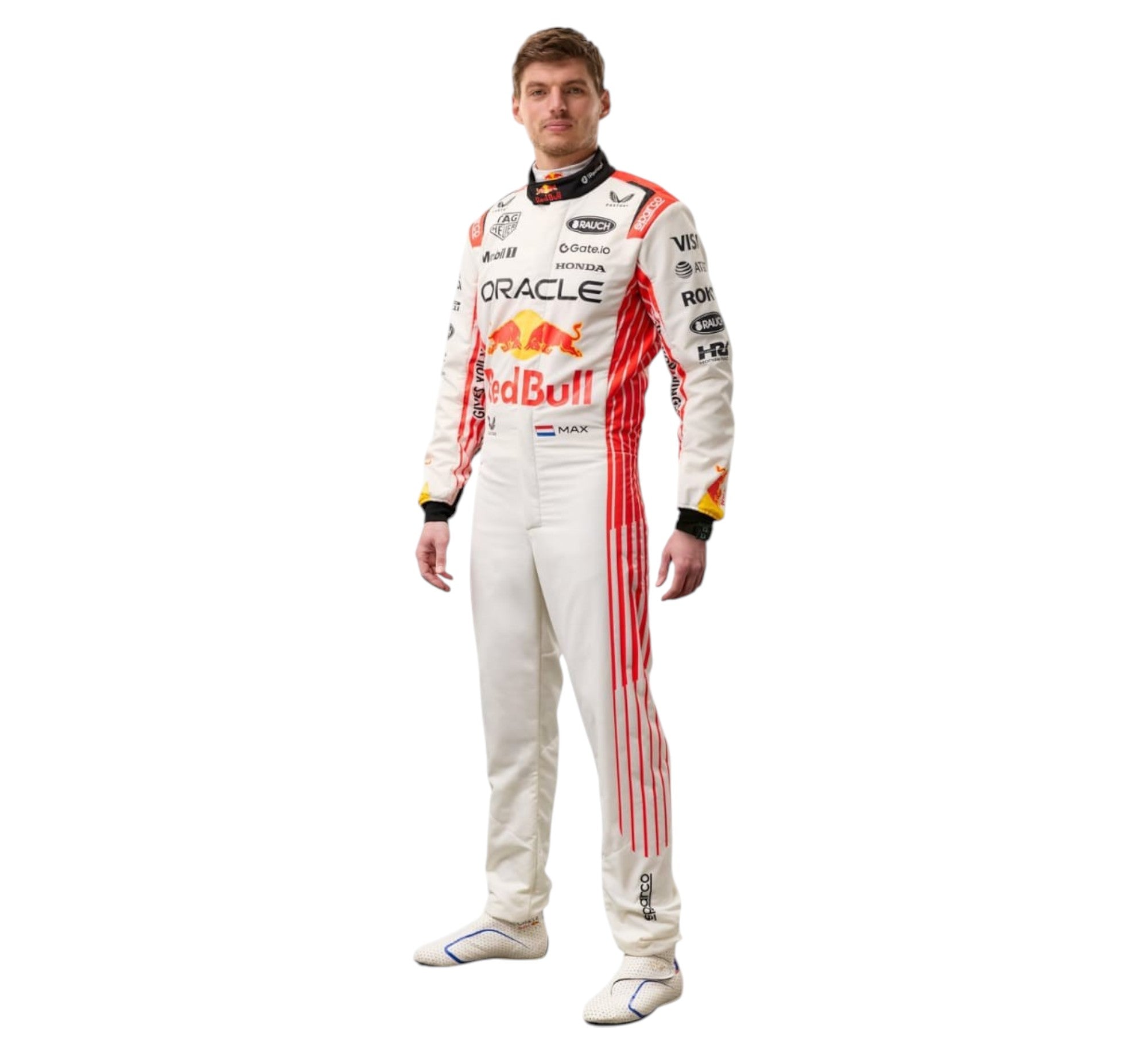 Endless Racegear Max Verstappen style white Red Bull race suit with sponsor logos full body front view