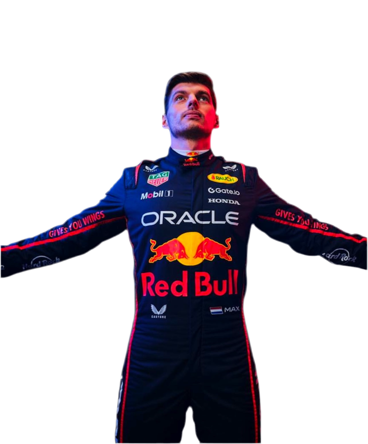 Endless Racegear Max Verstappen F1 suit 2025 replica Red Bull Oracle livery racing suit on model arms outstretched