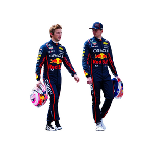 Endless Racegear Max Verstappen F1 suit 2025 replica Red Bull Oracle racing suit worn by two drivers holding helmets