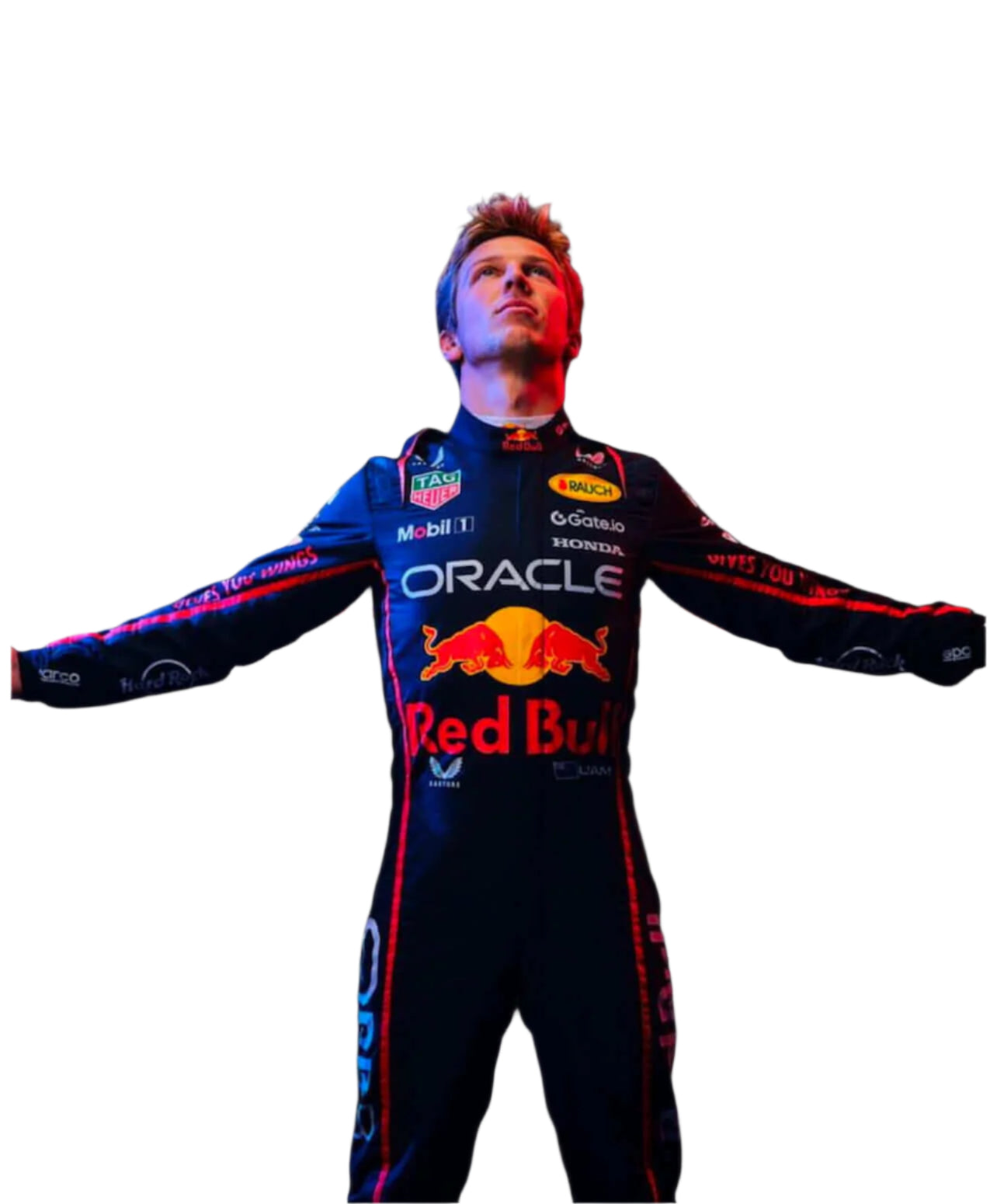 Liam Lawson 2025 Red Bull Racing Suit shown on model with arms out showcasing official Red Bull F1 suit by Endless Racegear