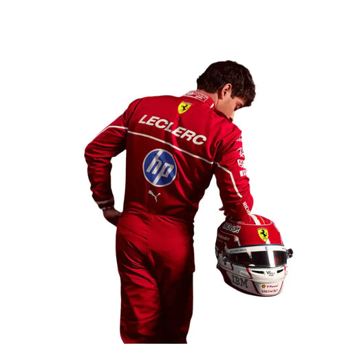 Endless Racegear karting suit Charles Leclerc Ferrari race suit replica in red showing Leclerc name and helmet