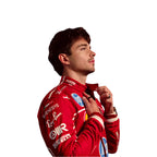 Model adjusting red karting suit with sponsor logos Charles Leclerc Ferrari race suit by Endless Racegear