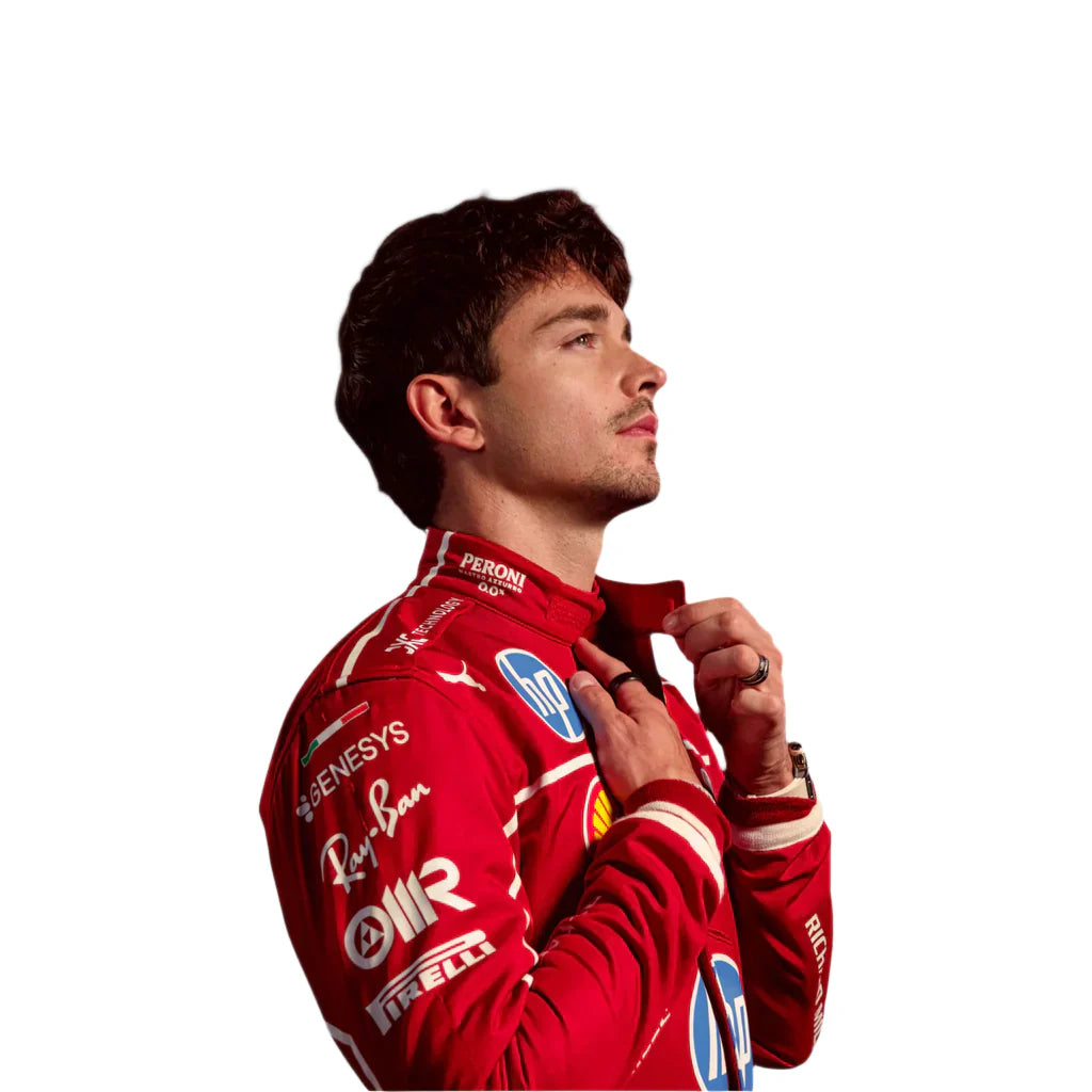 Model adjusting red karting suit with sponsor logos Charles Leclerc Ferrari race suit by Endless Racegear