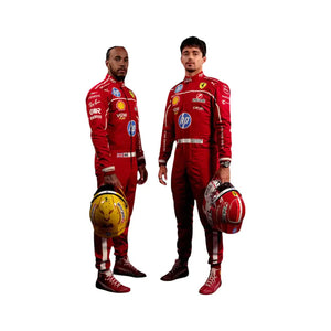 Charles Leclerc Ferrari race suit styled Endless Racegear karting suit shown on two drivers holding helmets