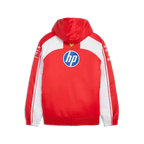 Reversible zip-up racing jacket back, red with white side panels and HP circle logo.