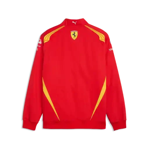 Red Ferrari team jacket back view, yellow shoulder and side stripe details