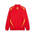 Red Ferrari team jacket back view, yellow shoulder and side stripe details