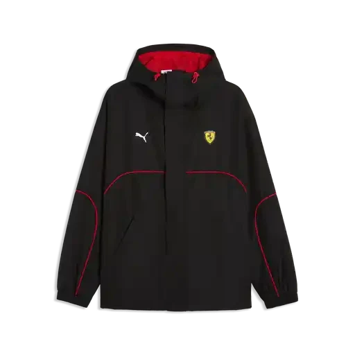 Black Scuderia Ferrari rain jacket with hood, front zip; PUMA logo and shield