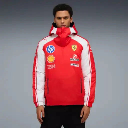 Reversible hooded racing jacket on model, red with white stripes and front team patches.