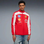 Red and white softshell jacket with full-zip front and high collar, on model