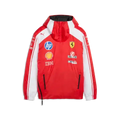 Reversible racing jacket front, red with white stripes and embroidered team logos, hooded.