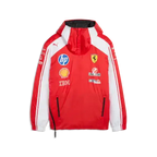 Reversible racing jacket front, red with white stripes and embroidered team logos, hooded.
