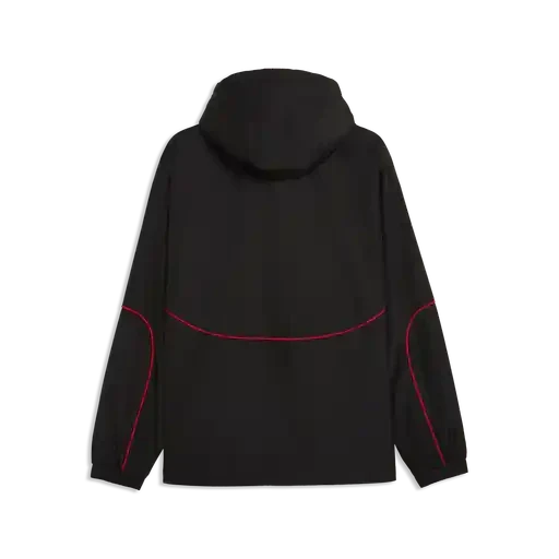 Black Scuderia Ferrari rain jacket with hood, back view, curved contrast piping