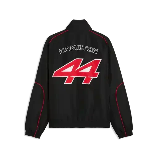 Racing jacket back, black with HAMILTON text and red 44 logo