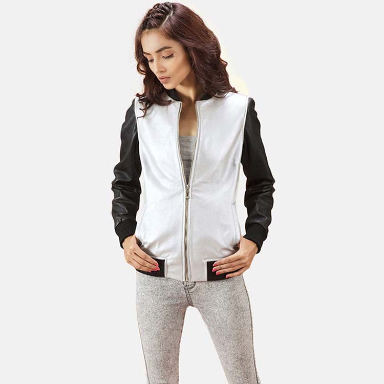 Women’s Black & White Leather Bomber Jacket 3A MOTO LEATHER