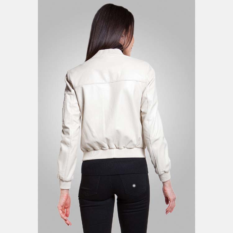 Women’s White Leather Bomber Jacket 3A MOTO LEATHER