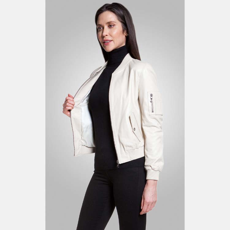 Women’s White Leather Bomber Jacket 3A MOTO LEATHER