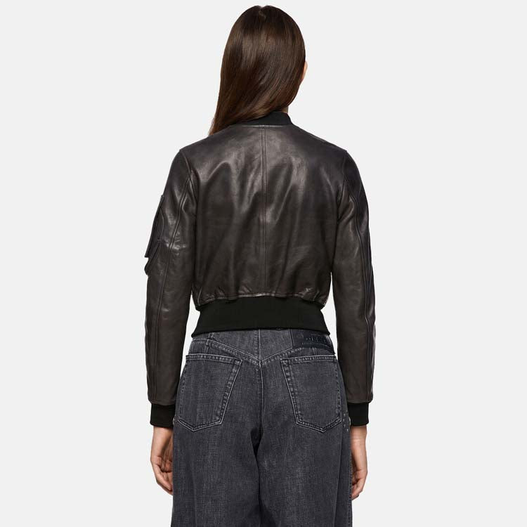 Women’s Black Leather Bomber Jacket With Arm Pocket 3A MOTO LEATHER