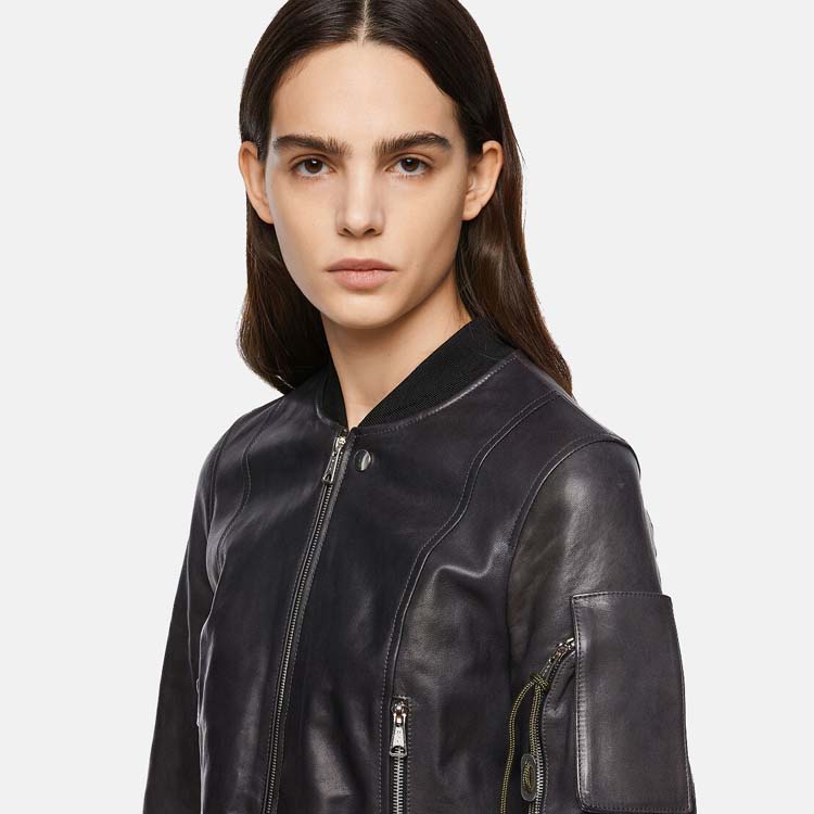 Women’s Black Leather Bomber Jacket With Arm Pocket 3A MOTO LEATHER