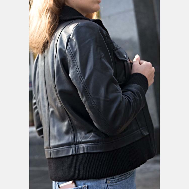 Women’s Black Leather Collared Bomber Jacket 3A MOTO LEATHER