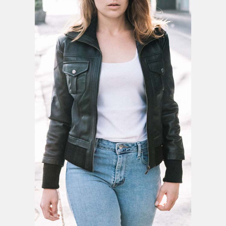 Women’s Black Leather Collared Bomber Jacket 3A MOTO LEATHER