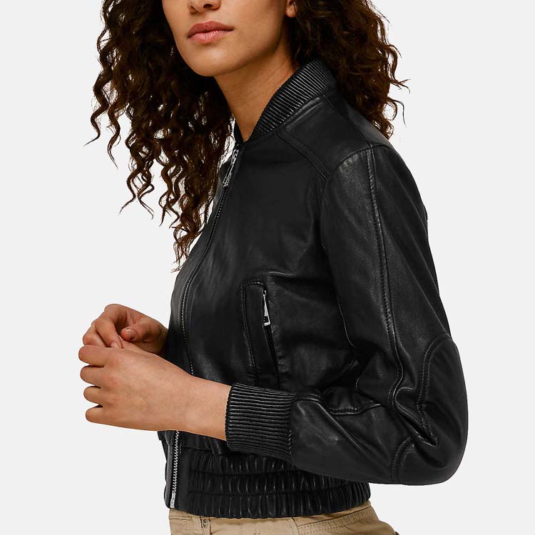 Women’s Black Leather Bomber Jacket 3A MOTO LEATHER