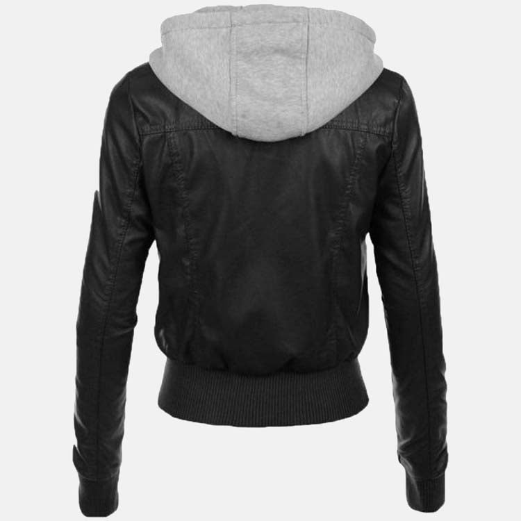 Women’s Black Leather Removable Gray Hooded Bomber Jacket 3A MOTO LEATHER