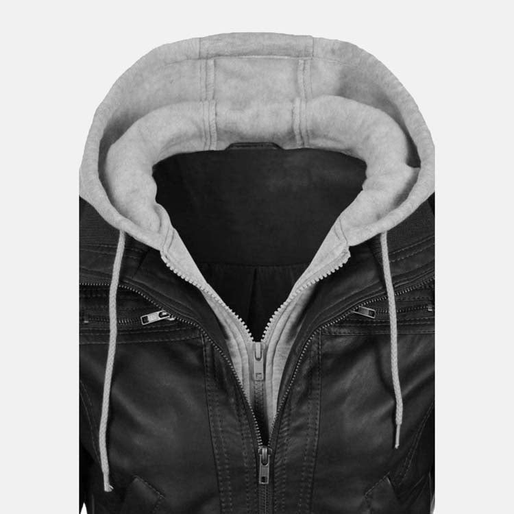 Women’s Black Leather Removable Gray Hooded Bomber Jacket 3A MOTO LEATHER