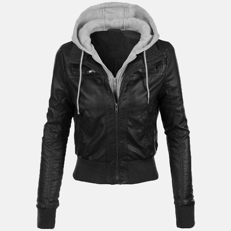 Women’s Black Leather Removable Gray Hooded Bomber Jacket 3A MOTO LEATHER