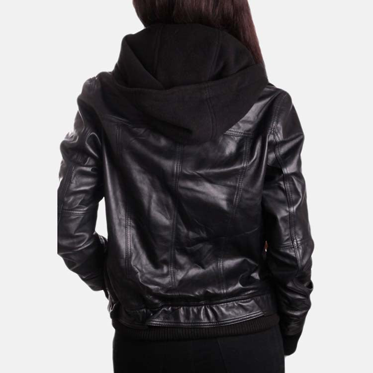 Women’s Black Leather Removable Hooded Bomber Jacket 3A MOTO LEATHER