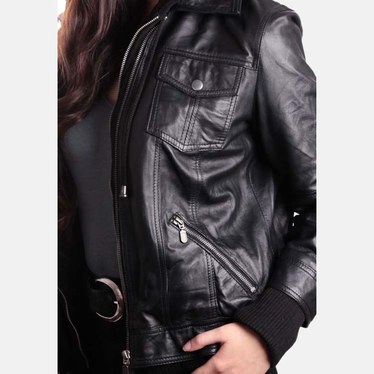 Women’s Black Leather Removable Hooded Bomber Jacket 3A MOTO LEATHER