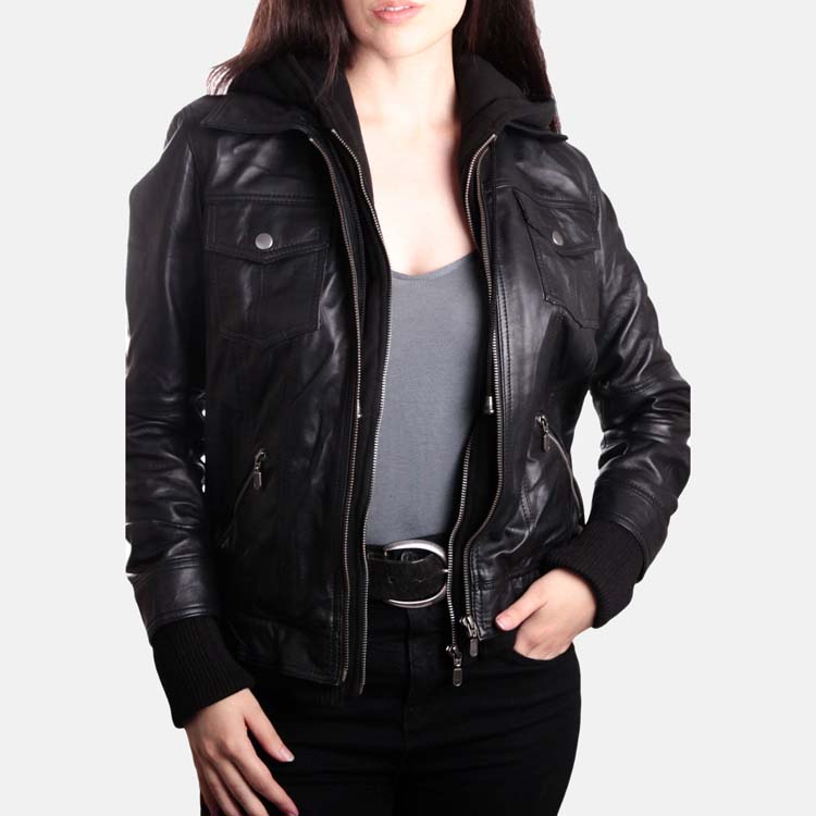 Women’s Black Leather Removable Hooded Bomber Jacket 3A MOTO LEATHER