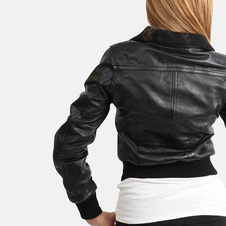 Women’s Black Leather Short Bomber Jacket 3A MOTO LEATHER