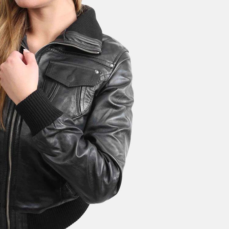 Women’s Black Leather Short Bomber Jacket 3A MOTO LEATHER