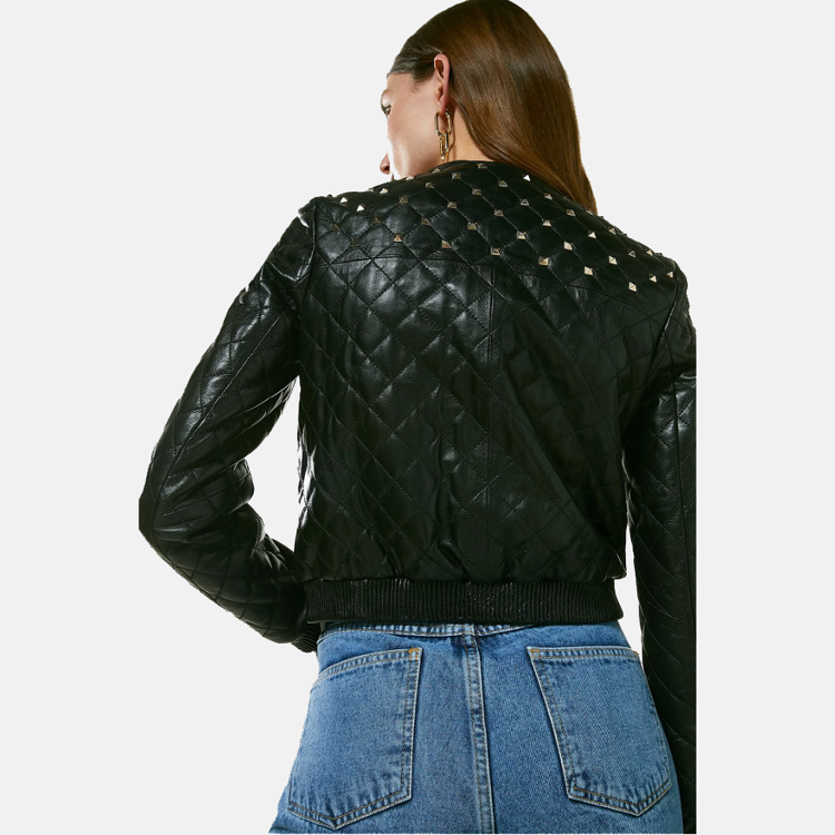 Women’s Black Leather Studded Bomber Jacket 3A MOTO LEATHER