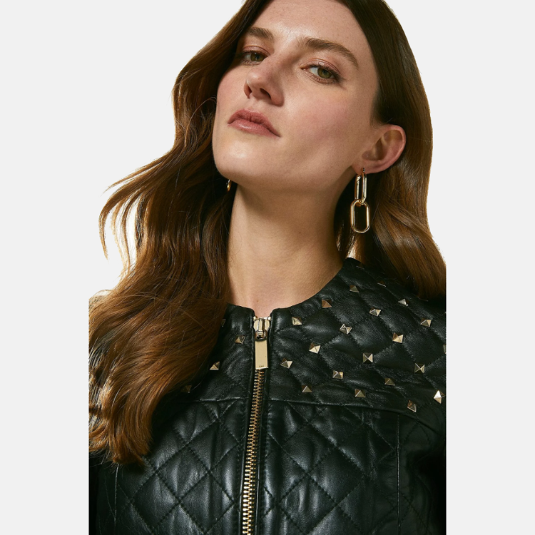 Women’s Black Leather Studded Bomber Jacket 3A MOTO LEATHER