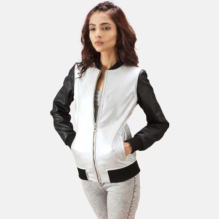 Women’s Black & White Leather Bomber Jacket 3A MOTO LEATHER