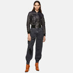 Women’s Black Leather Bomber Jacket With Arm Pocket 3A MOTO LEATHER