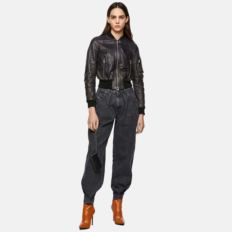 Women’s Black Leather Bomber Jacket With Arm Pocket 3A MOTO LEATHER