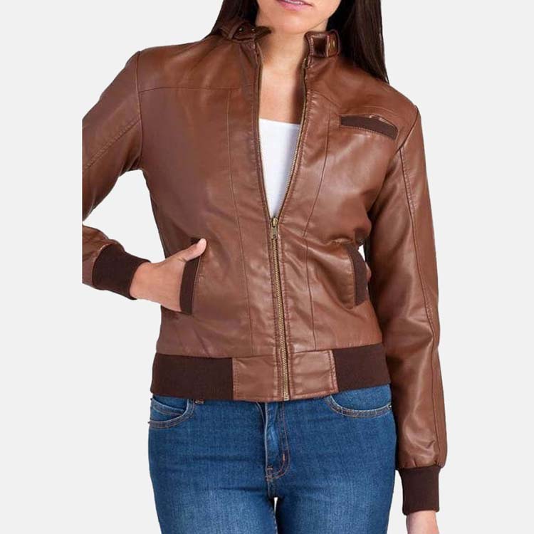 Women’s Chocolate Brown Leather Bomber Jacket 3A MOTO LEATHER