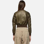 Women’s Green Leather Bomber Jacket With Arm Pocket 3A MOTO LEATHER