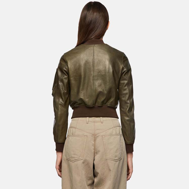 Women’s Green Leather Bomber Jacket With Arm Pocket 3A MOTO LEATHER