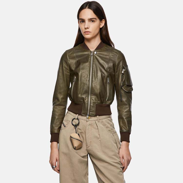 Women’s Green Leather Bomber Jacket With Arm Pocket 3A MOTO LEATHER