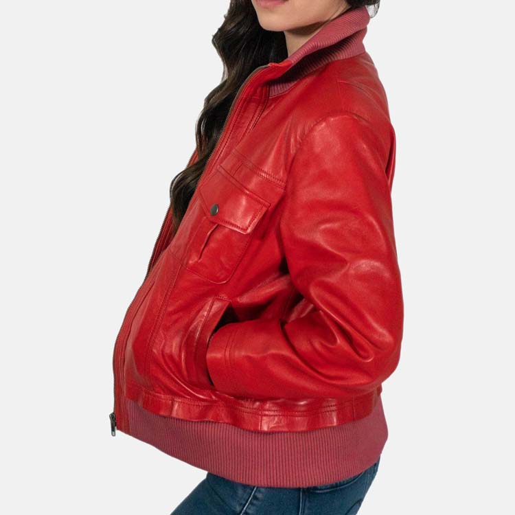 Women’s Red Leather Bomber Jacket 3A MOTO LEATHER