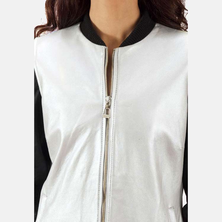 Women’s Black & White Leather Bomber Jacket 3A MOTO LEATHER