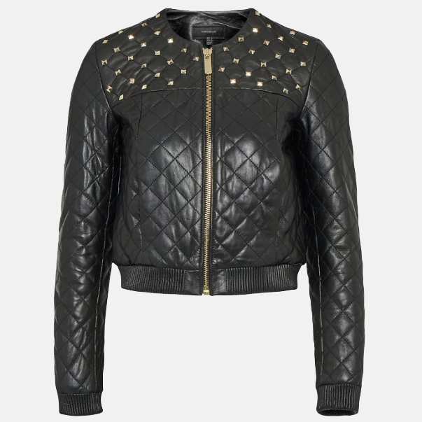 Women’s Black Leather Studded Bomber Jacket 3A MOTO LEATHER