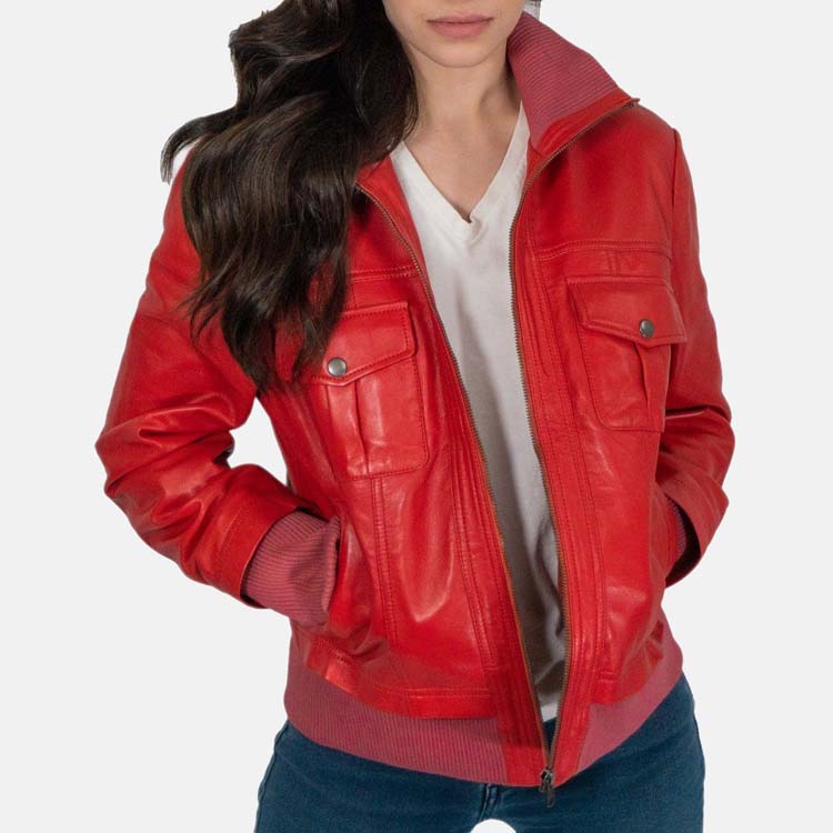 Women’s Red Leather Bomber Jacket 3A MOTO LEATHER