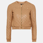 Women’s Tan Beige Leather Studded Bomber Jacket 3A MOTO LEATHER