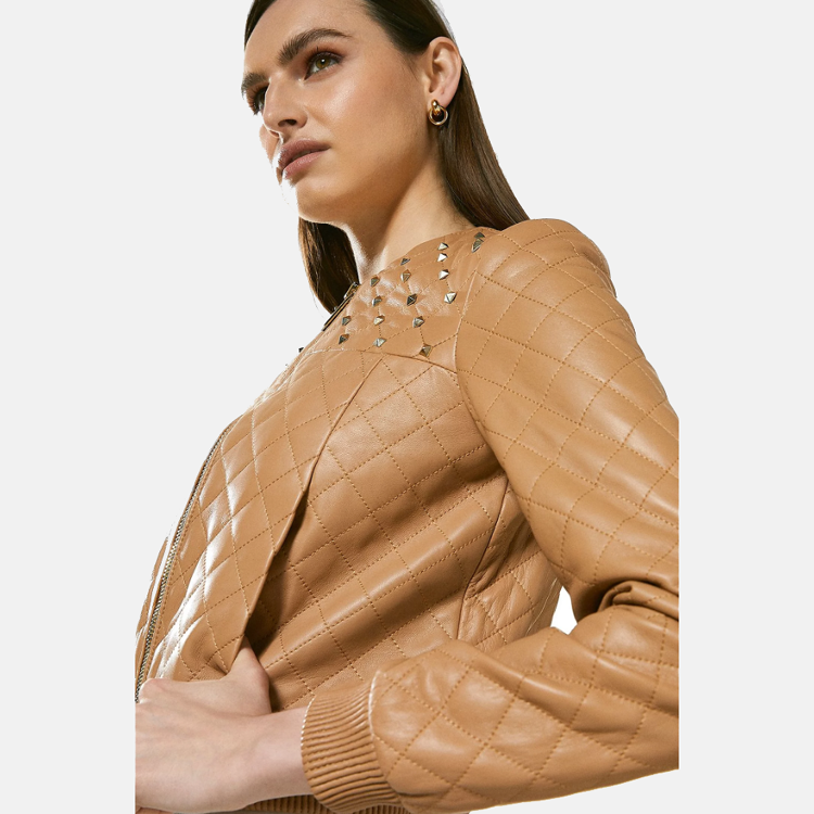 Women’s Tan Beige Leather Studded Bomber Jacket 3A MOTO LEATHER